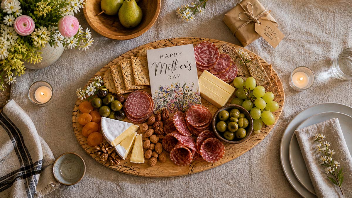 Overhead view of a Mother’s Day charcuterie board with meats, cheeses, fruit, crackers, and a central card