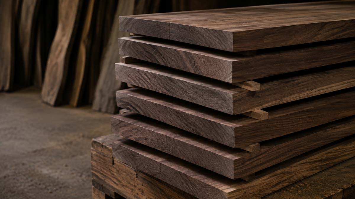 Black walnut lumber stacked
