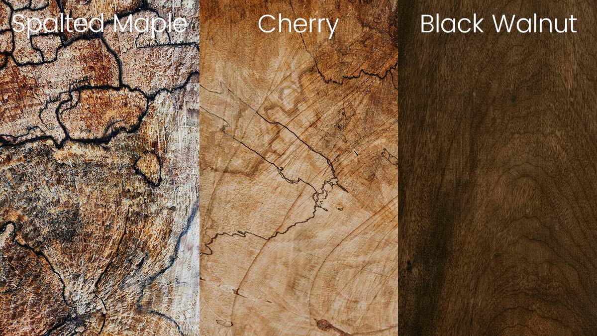 3-panel image of spalted maple, cherry and black walnut wood