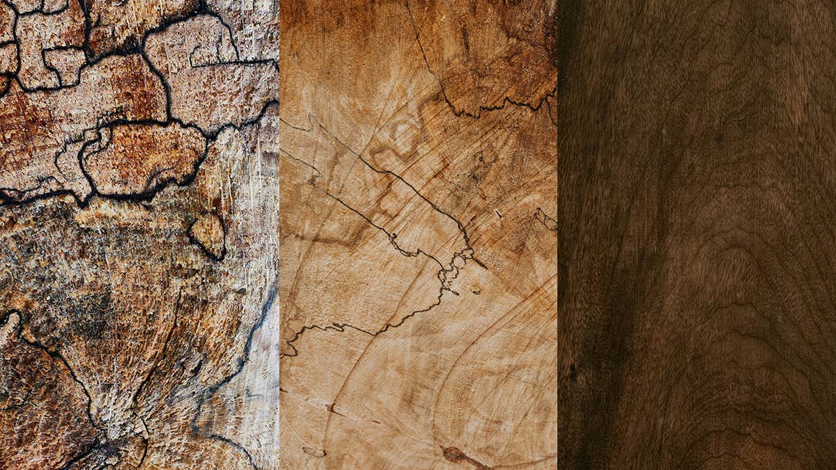 3-panel image of spalted maple, cherry and black walnut wood