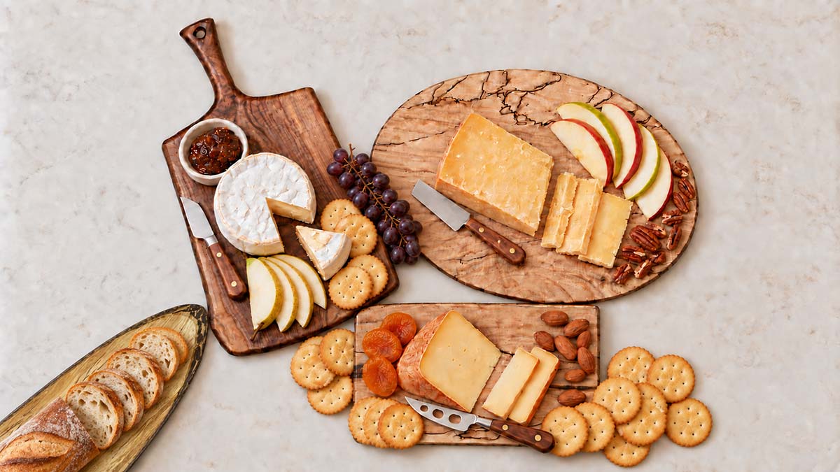 cheese board with cheese, fruit and crackers