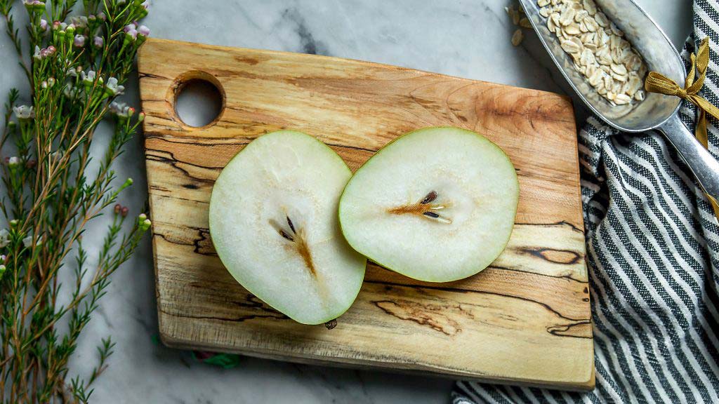 spalted maple cutting board with pears